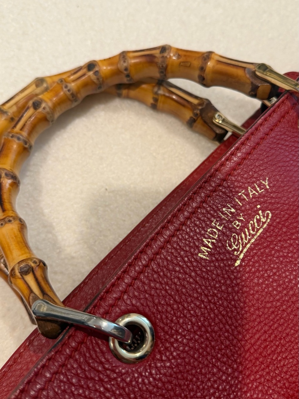 Gucci Burgundy Pebbled Leather Bamboo-Handle Shoulder Bag